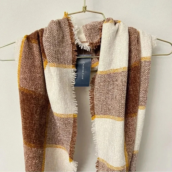 Charter Club Infinity Scarf Brown Ivory Multi Plaid Woven Chenille Loop Fringed - Picture 4 of 7